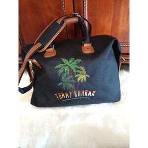 TOMMY BAHAMA LARGE CANVAS DUFFLE BAG BLACK/BROWN LOGO PALMS CROSSSBODY STRAPS